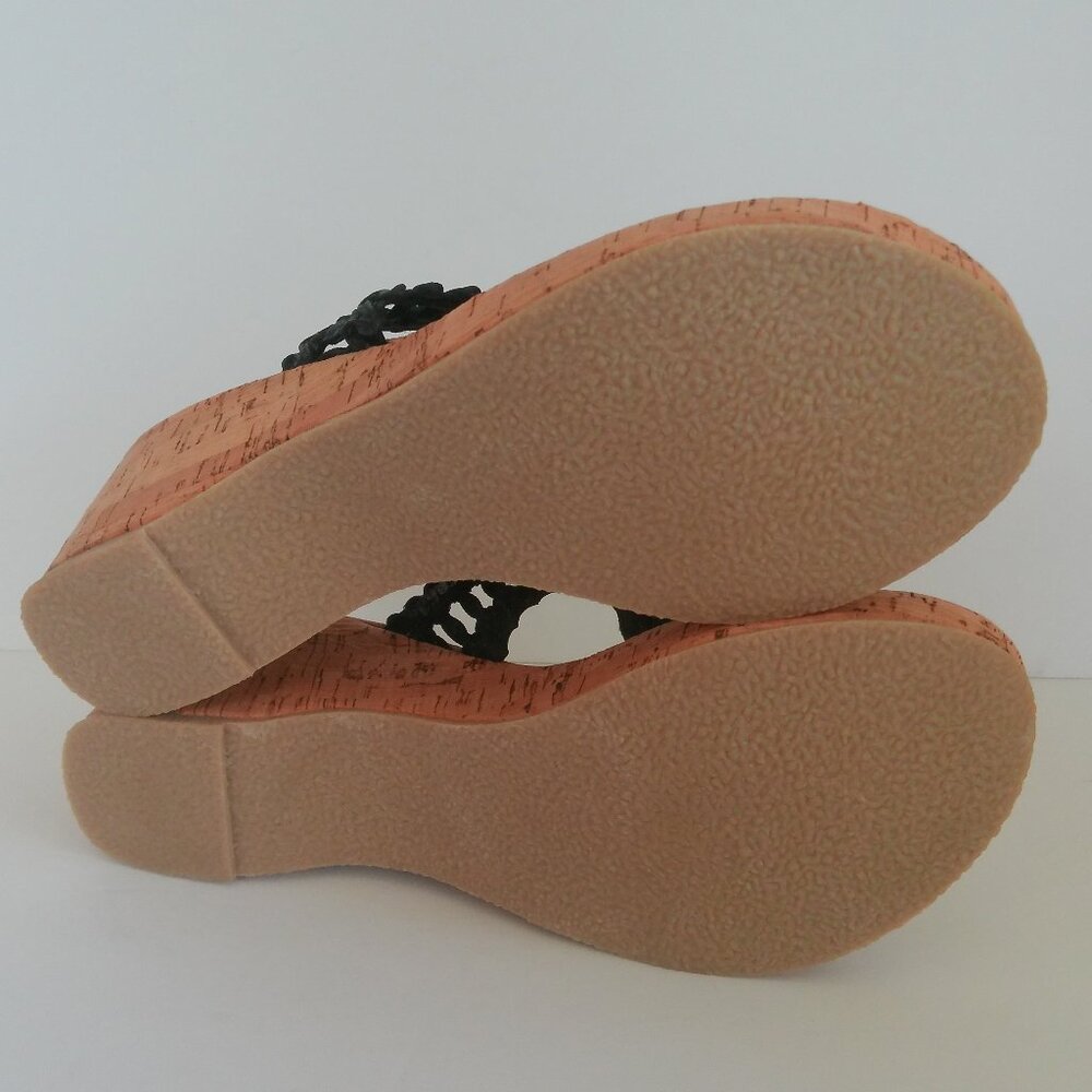 Grazie Wedge Heel Sandal 10 Black Embroidered Sugar Skull Woven Upper Cork Sole - Picture 11 of 14